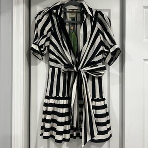 FARM Rio Black and White Puff Sleeve Mini Dress